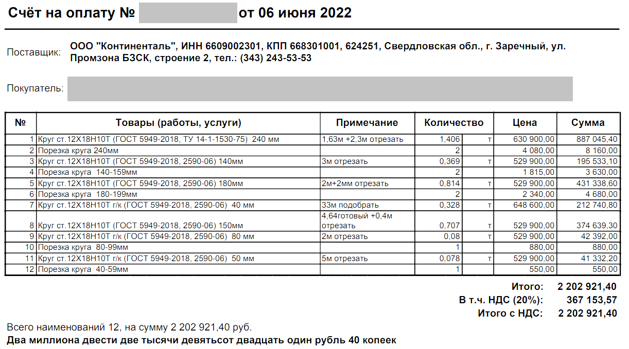Стоимость основного металла в форме заготовок