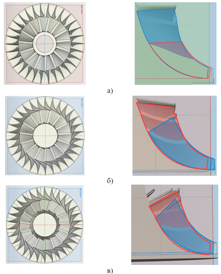 Изменение фронтальной и профильной проекций РК крупнотоннажного ТДА, работающего на природном газе, в ходе выполнения оптимизационного алгоритма на 1-ой (а), 60-ой (б) и 137-ой (в) итерациях 